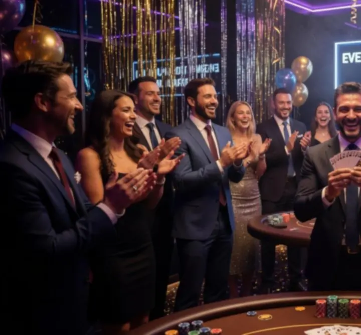 Goście bawiący się przy stołach kasynowych podczas eleganckiego eventu firmowego