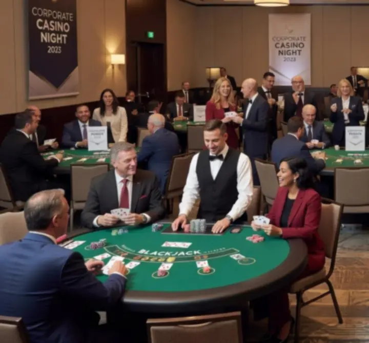 Profesjonalnie zaaranżowany event kasynowy dla firmy z kilkoma stołami do gier
